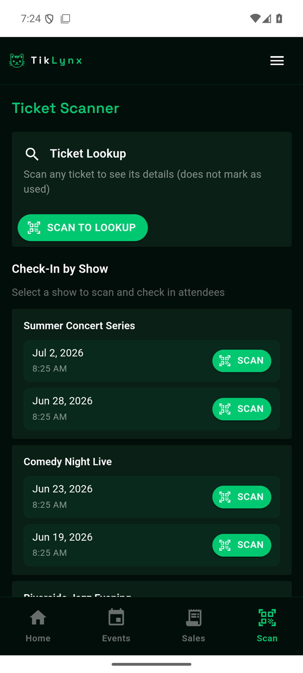 The TikLynx app's Ticket Scanner screen with today's shows and check-in buttons