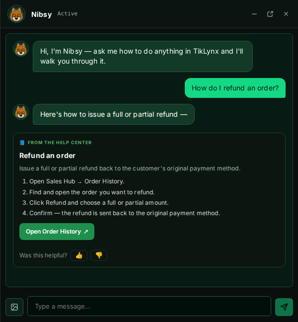 The Nibsy help chat answering an organizer's question with a step-by-step guide